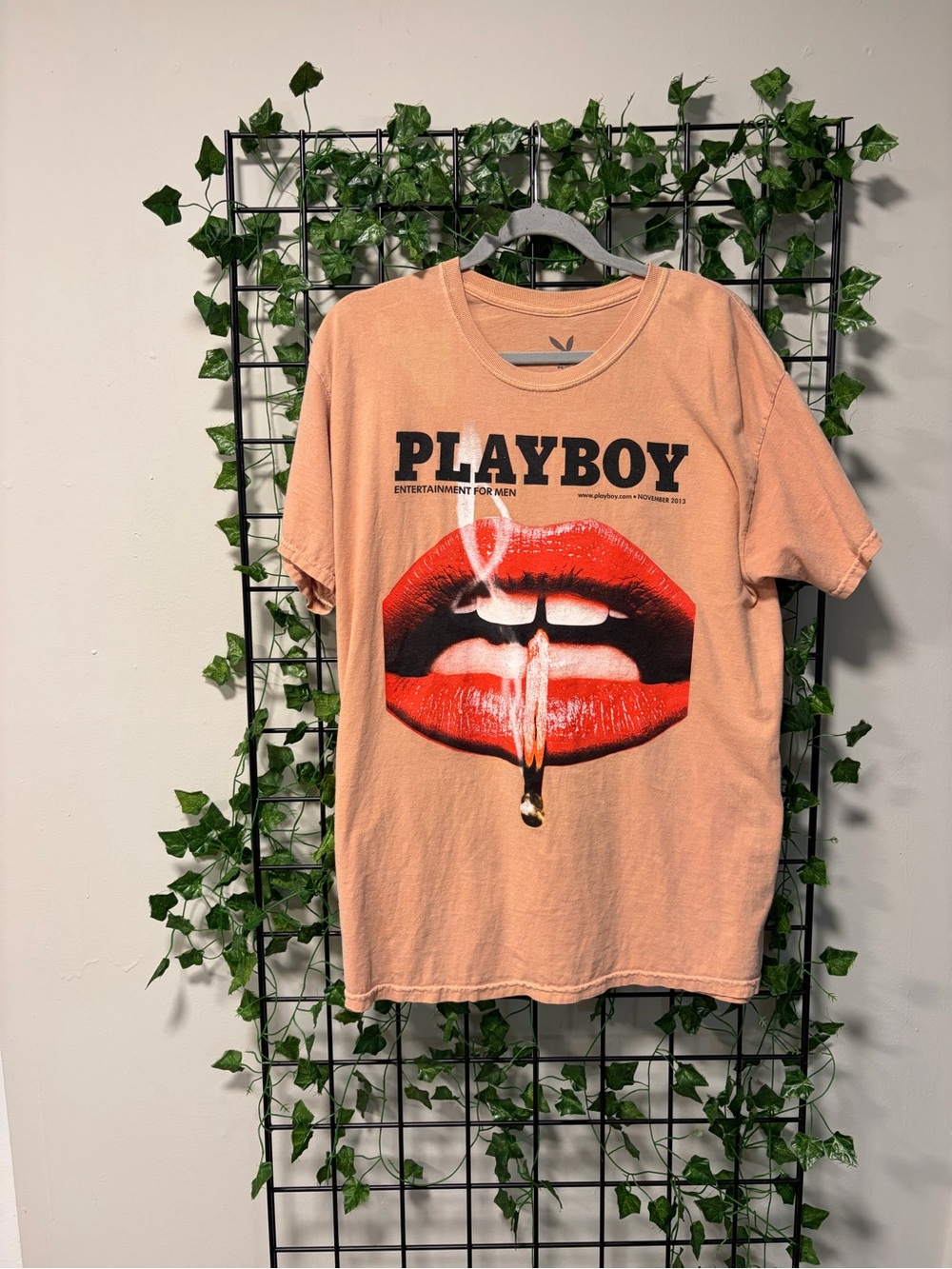 PLAYBOY Peach Tee with Bold Red Lip Graphic